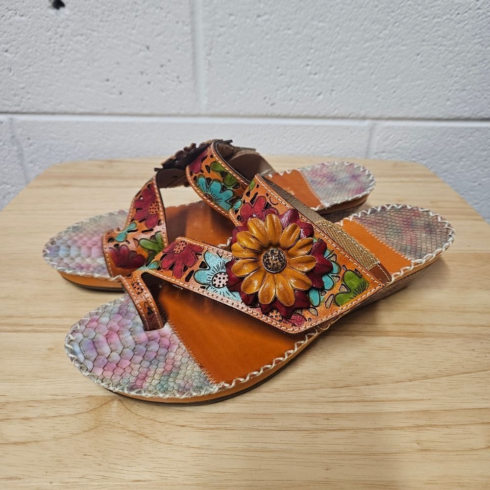 Spring Step L'Artiste Vardi women’s Leather Floral Sandals wedge comfort size 9